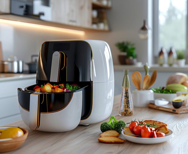 Create a high-quality, realistic advertising photograph of an air fryer in a minimalist, modern kitchen. The air fryer should have food both inside the basket and arranged attractively outside. Use warm, natural lighting with beautiful shadows and avoid green or blue color dominanc --ar 3:2 --style raw --personalize exnatwy --stylize 1000 Job ID: 386eb4b9-7e07-4d94-810f-026f2401d0ea
